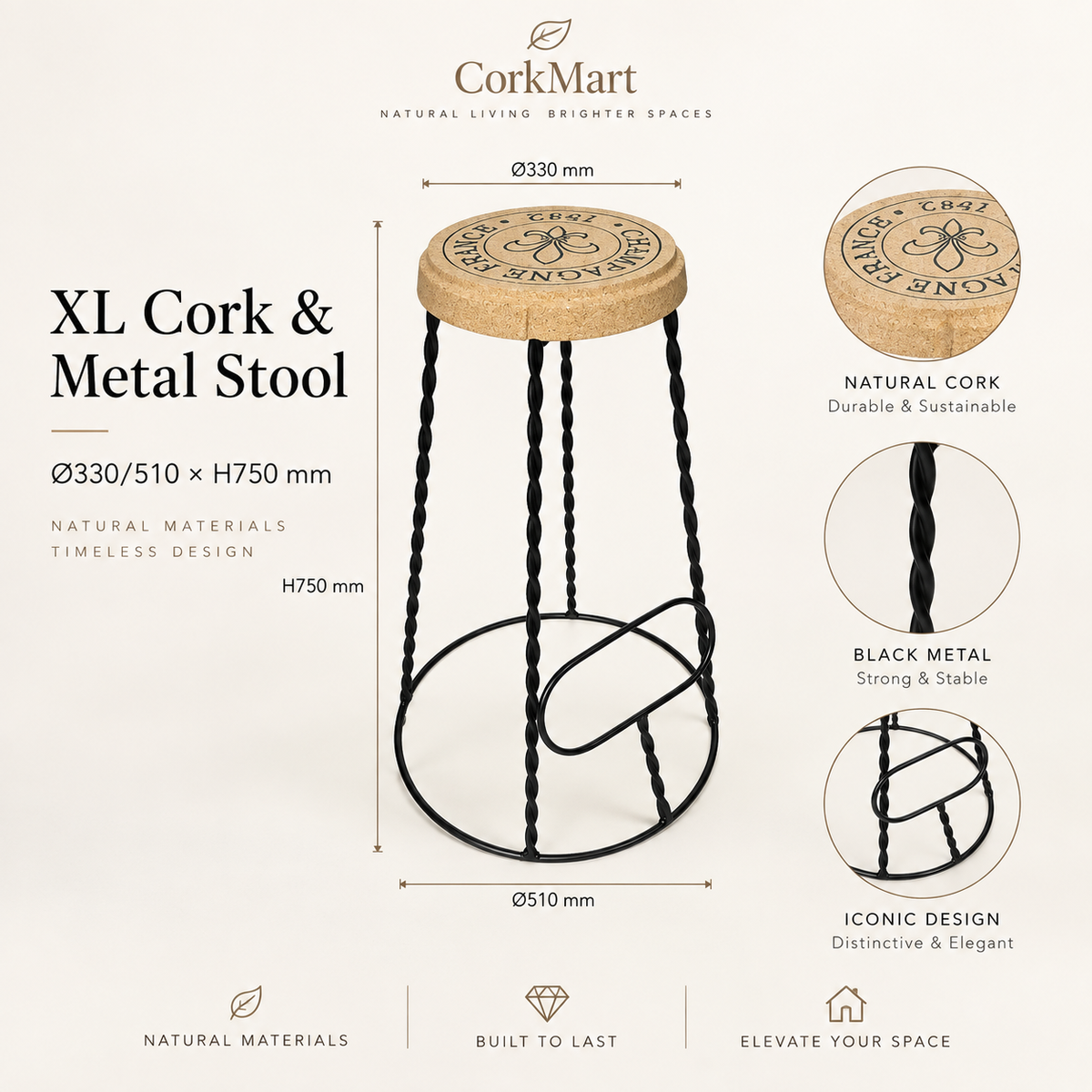 XL Cork & Metal Stool infographic with Ø330/510 × H750 mm dimensions, natural cork seat and black metal frame