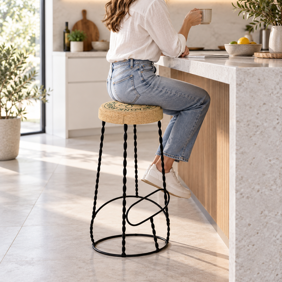 XL Cork & Metal Stool used at a high kitchen counter