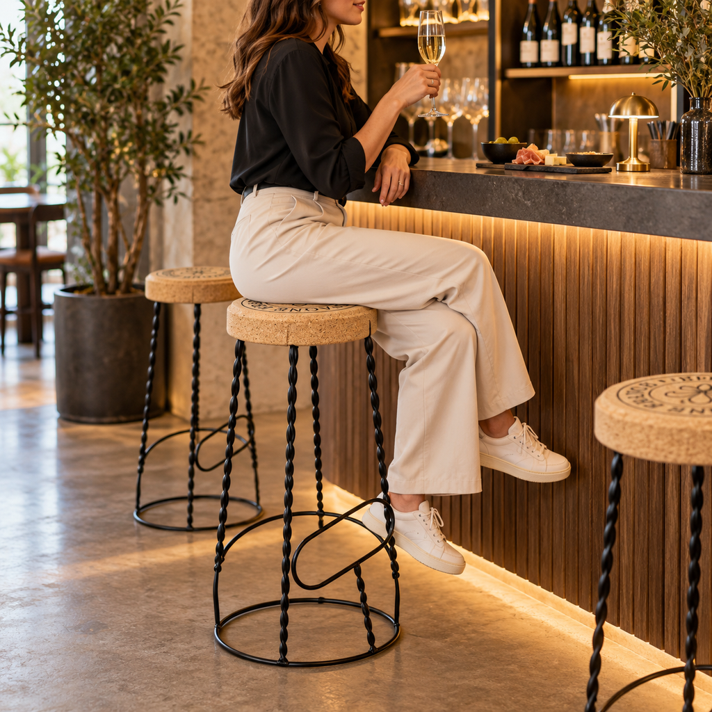 XL Cork & Metal Stool used as bar-height seating in a hospitality setting