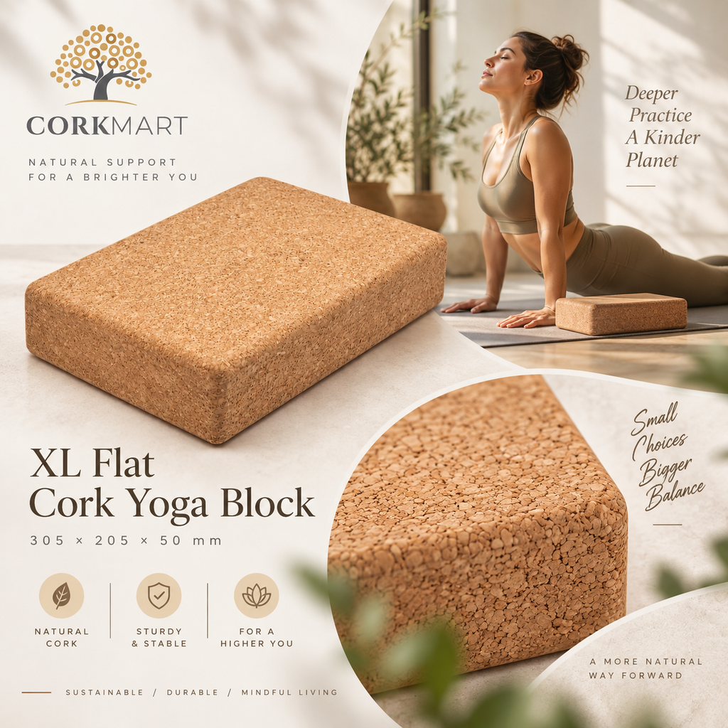 XL flat cork yoga block editorial collage with official CorkMart logo, product texture, use and dimensions