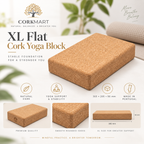XL flat cork yoga block infographic with official CorkMart logo, 305 × 205 × 50 mm dimensions, natural cork and Made in Portugal