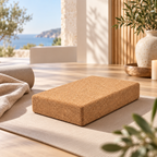 XL flat cork yoga block in a warm Mediterranean-inspired wellness studio