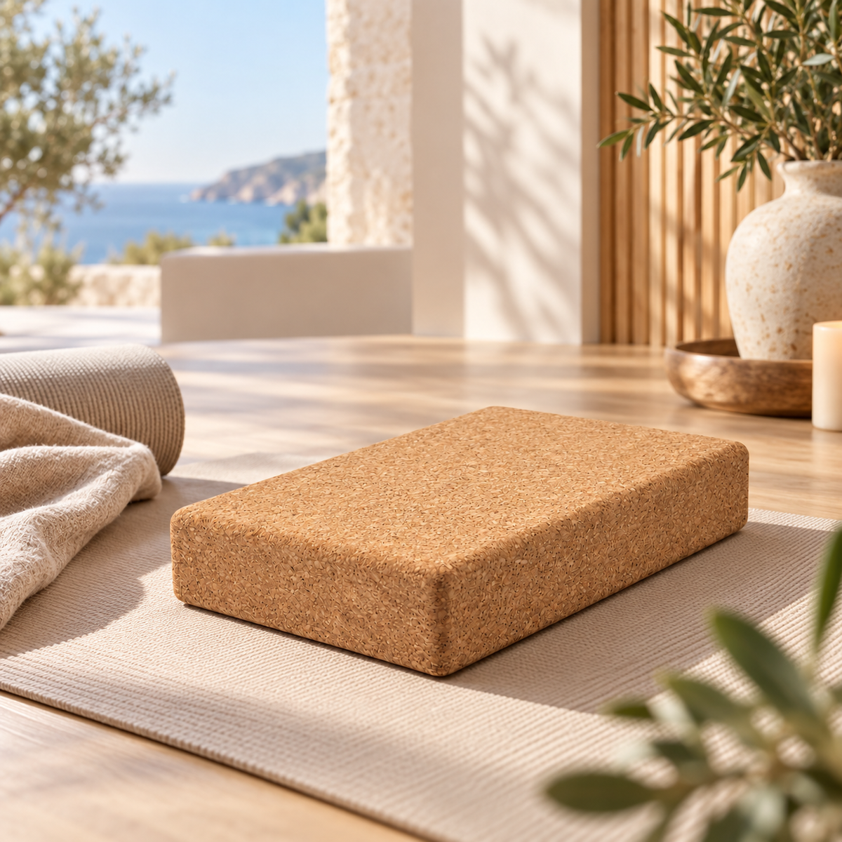 XL flat cork yoga block in a warm Mediterranean-inspired wellness studio