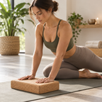 XL flat cork yoga block used for supported yoga practice in a bright studio setting