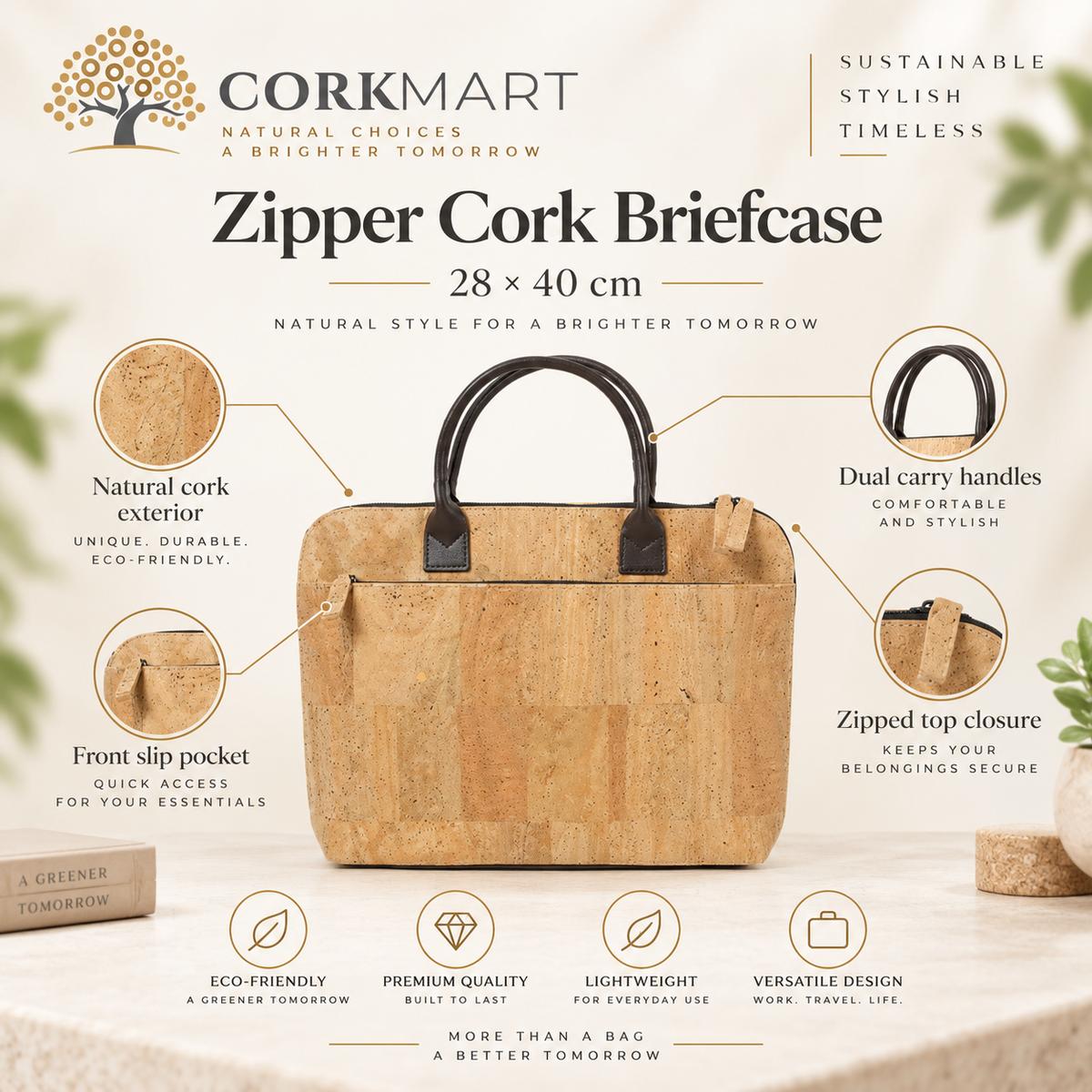 Zipper Cork Briefcase infographic with dimensions and product features