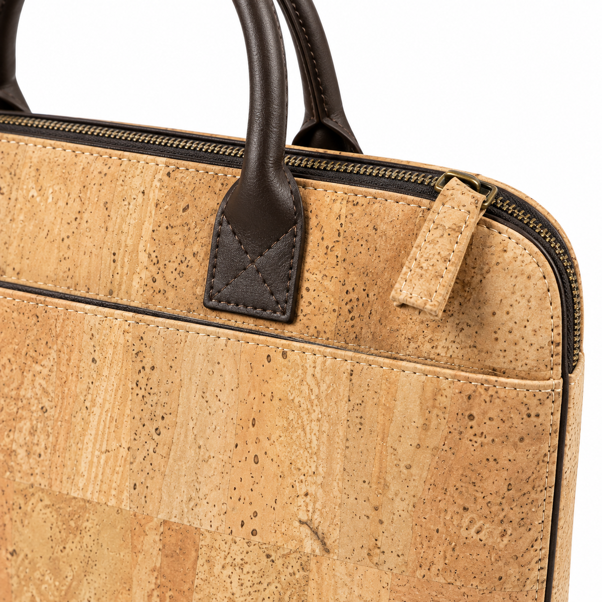 Zipper Cork Briefcase, cork texture, zipper and handle detail