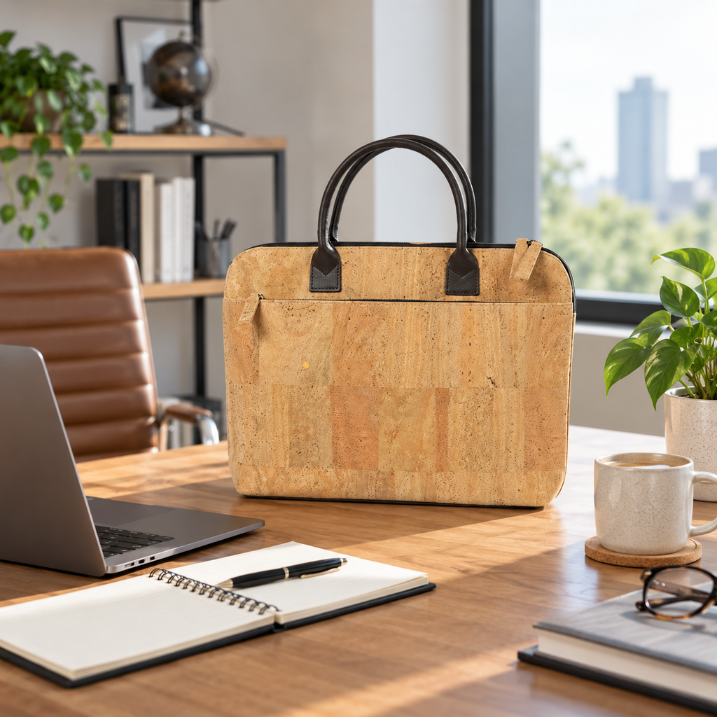 Zipper Cork Briefcase in a realistic modern office setting
