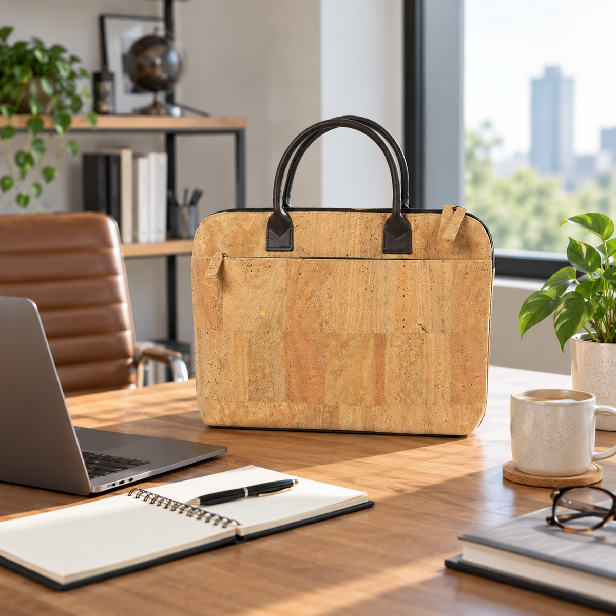 Zipper Cork Briefcase in a realistic modern office setting
